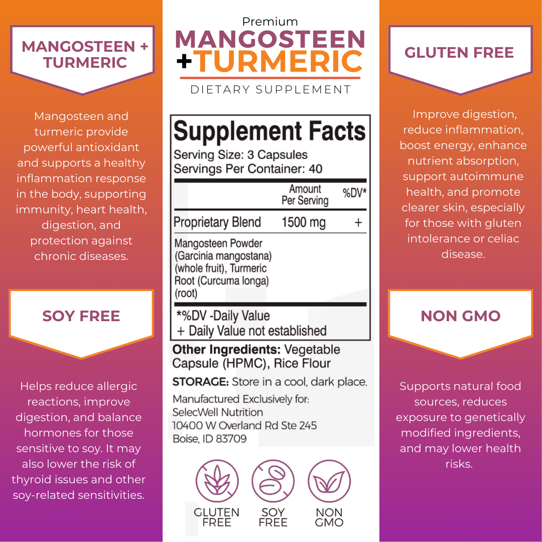 SelecWell Mangosteen + Turmeric Capsules 120 Veggie Capsules, 1500mg per Serving | Potent Antioxidants Support Supplement