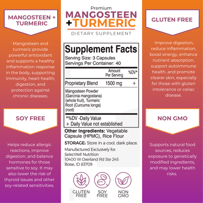 SelecWell Mangosteen + Turmeric Capsules 120 Veggie Capsules, 1500mg per Serving | Potent Antioxidants Support Supplement